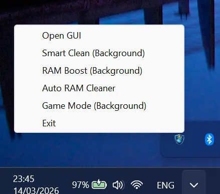 Master Cleaner System Tray Menu — Quick Clean, RAM Boost, Auto RAM Cleaner, Game Mode